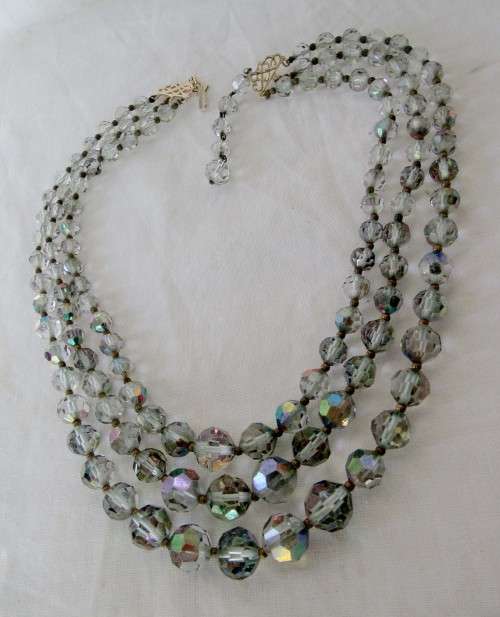 VINTAGE 3 STRAND CRYSTAL NECKLACE WITH GOLD LOOKING CLASP~INTACT