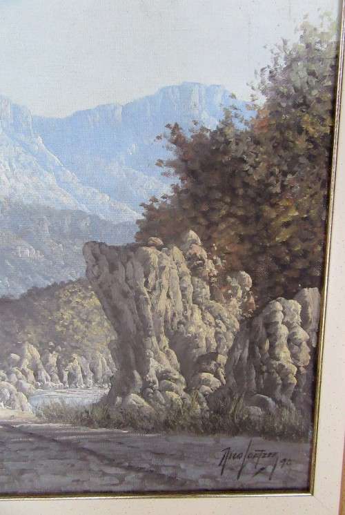 LARGE FRAMED SOUTH AFRICAN LISTED ARTIST NICO COETZEE~ORIGINAL OIL ON BOARD MOUNTAIN SCENE