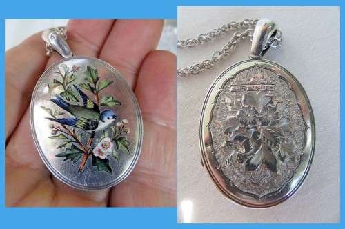 DELIGHTFUL 1879 VICTORIAN HM SILVER LOCKET WITH 52 CM SILVER CHAIN~HAND PAINTED DESIGN