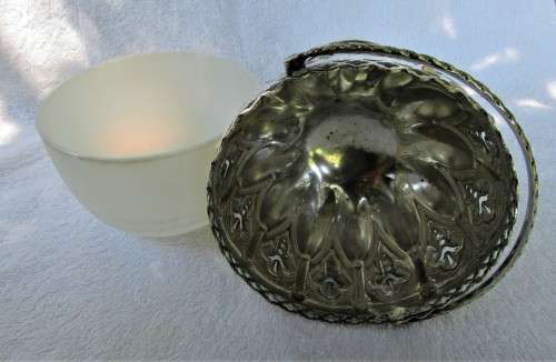 LOVELY ANTIQUE SWING HANDLE ORNATE SP BASKET WITH MILK GLASS LINER VGC
