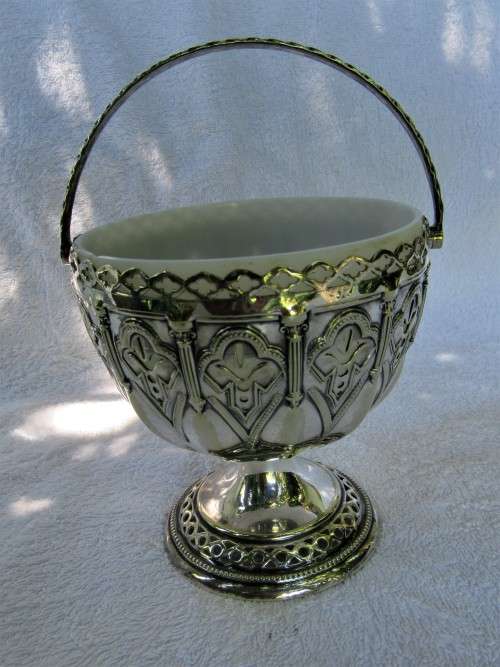 LOVELY ANTIQUE SWING HANDLE ORNATE SP BASKET WITH MILK GLASS LINER VGC