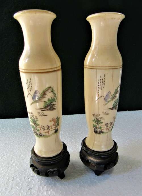 FROM AN ESTATE SALE PAIR OLD CHINESE BONE TYPE VASES ON STANDS SIGNED