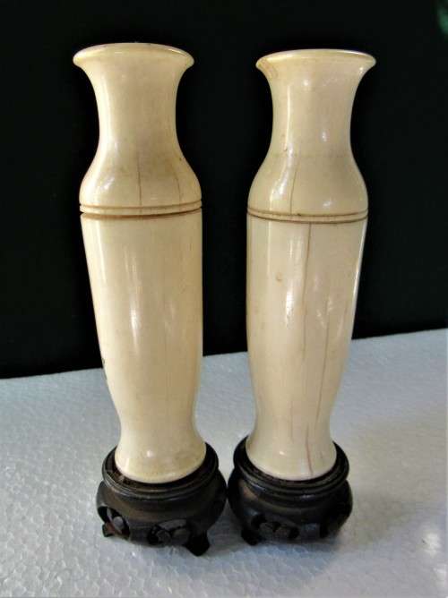 FROM AN ESTATE SALE PAIR OLD CHINESE BONE TYPE VASES ON STANDS SIGNED