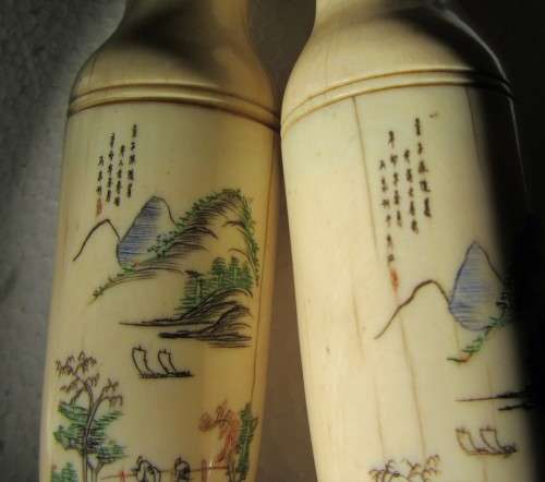 FROM AN ESTATE SALE PAIR OLD CHINESE BONE TYPE VASES ON STANDS SIGNED