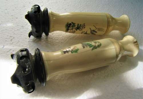 FROM AN ESTATE SALE PAIR OLD CHINESE BONE TYPE VASES ON STANDS SIGNED