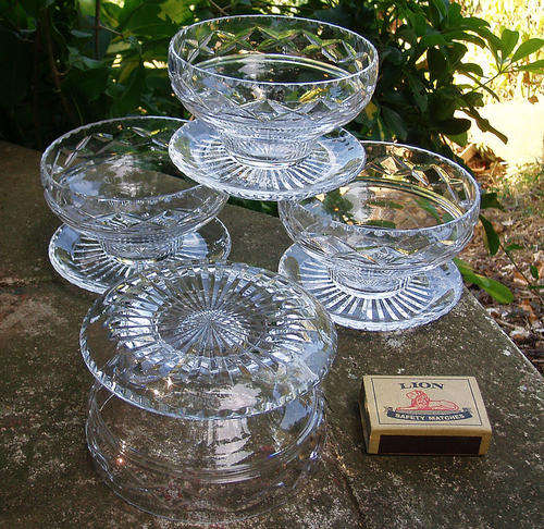 SET 4 STUART CRYSTAL DESSERT BOWLS ATTACHED TRAYS~ETCHED MARK~NICE CUT DECOR