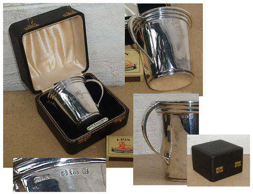 BEAUTIFUL VINTAGE HALL MARKED MUG~60 GRMS~ART DECO SHAPE~ORIGINAL BOX~MINT CONDITION~R1 START