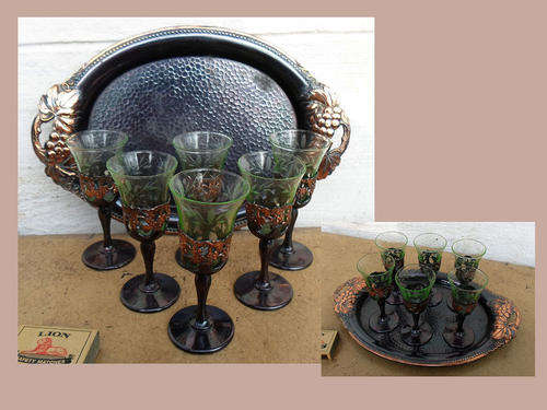 DECORATIVE METAL AND GLASS DRINKING SET ON PATINATED BRASS TRAY