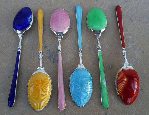 LATE ENTRY~BEAUTIFUL BOXED SET ART DECO STERLING SILVER HM ENAMEL TEA SPOONS~6 COLOURS~WOW!!!