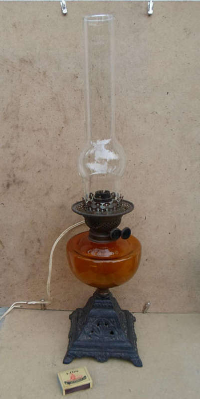 ANTIQUE OIL LAMP~FUNNEL & CAST METAL SPLAYED BASE~ALADDIN FUNNEL + ANOTHER