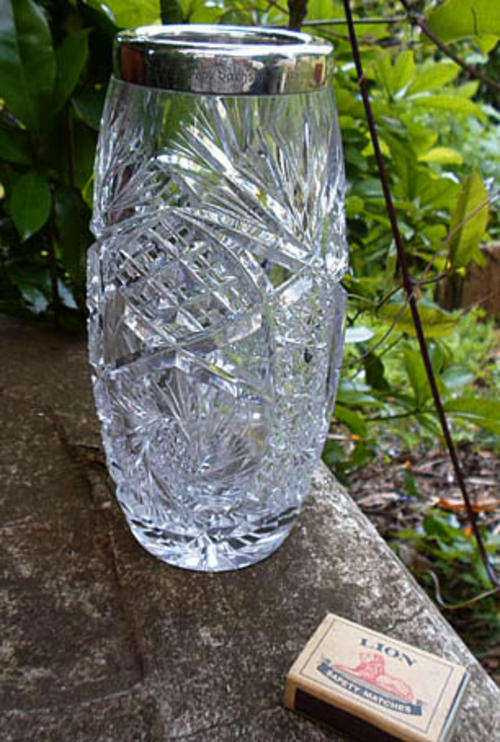 BEAUTIFUL LARGE BOHEMIAN CRYSTAL BARREL VASE~THICK SILVER RIM~GERMAN INSCRIPTION 1925