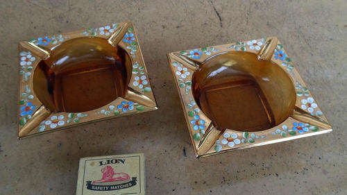 PAIR ATTRACTIVE VENETIAN RETRO AMBER ASHTRAYS~GILT & FLORAL DECOR