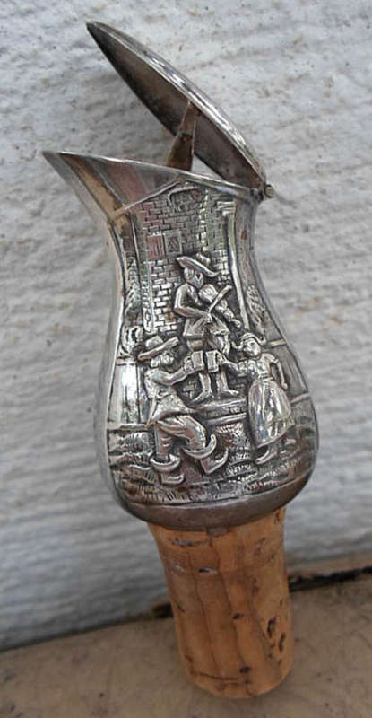 OLD EMBOSSED SILVER LOOKING DUTCH LIQUOR BOTTLE POURER~CORK PLUG