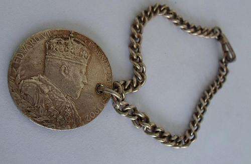 SILVER CORONATION COIN PENDANT EDWARD 9 AUGUST 1902~PLUS FOB CHAIN