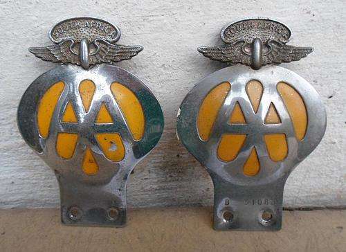 TWO ORIGINAL METAL SOUTH AFRICAN AA BADGES WITH ORIGINAL BOLTS