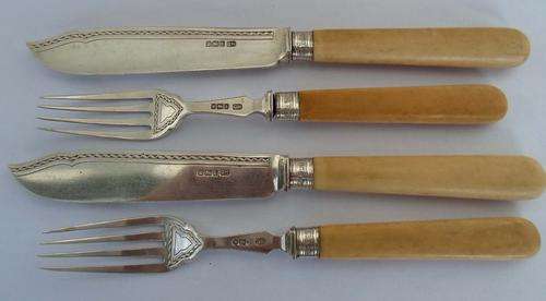 FOUR HEAVY SOLID HM SILVER BLADES & PRONGS CUTLERY~HM COLARS