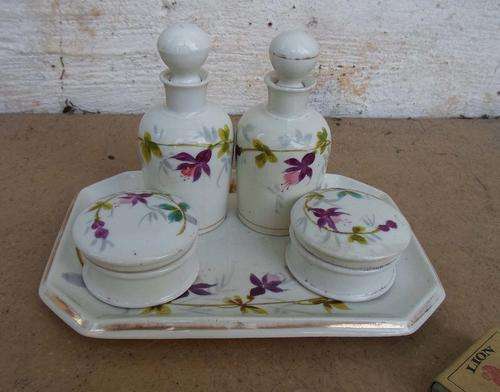 RARE ANTIQUE VANITY PORCELAIN SCENT BOTTLE AND COLD CREAM JAR SET ON TRAY~HAND PAINTING