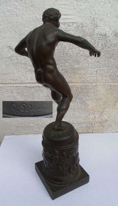 RARE ANTIQUE CARL PETERS BRONZE NUDE SCULPTURE~FLUTE PLAYER~SIGNED