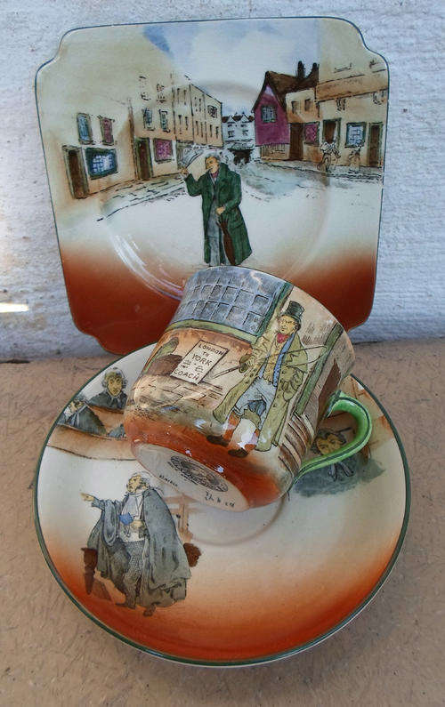 RARE 1920'S "WHITE DICKENS" TEA TRIO B~DEPICTING BARKIS, BUZFUZ &  MR SQUEERS~EXCELLENT CONDITION