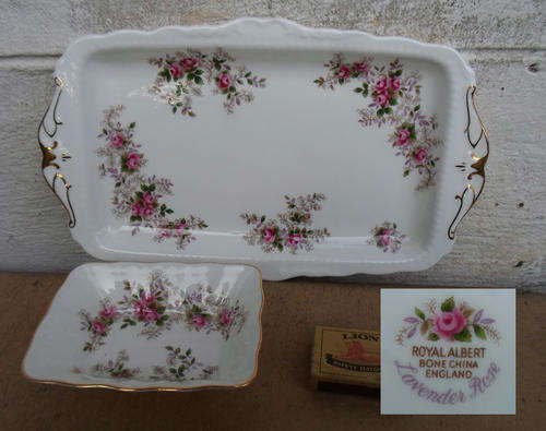 LOVELY VINTAGE ROYAL ALBERT LAVENDER ROSE LARGE CAKE PLATTER + PEPPERMINT TRAY