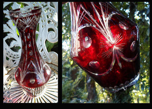 34 CM ANTIQUE RUBY RED CUT TO CLEAR BOHEMIAN VASE~STRIKING!!!