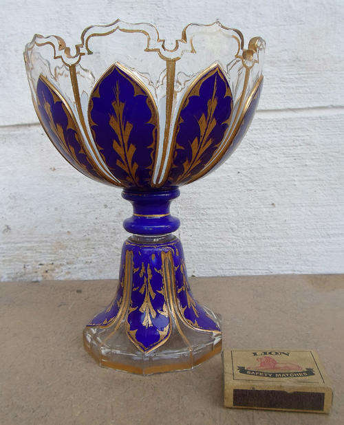 BEAUTIFUL ANTIQUE BOHEMIAN? GOBLET VASE~SCOLLOPED RIM GILT ENAMEL PANEL DETAIL~WOW!!