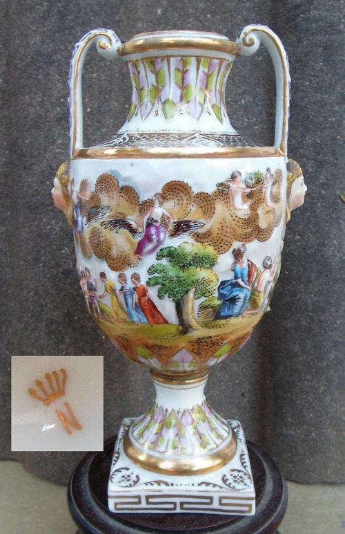 DRAMATIC & HIGHLY DECORATIVE~ANTIQUE CAPODIMONTE NAPLES CROWN URN + ANOTHER FREE