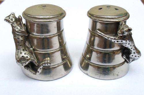 CARROL BOYES STYLE LEOPARD PEWTER CRUET SET~PLASTIC STOPPERS~MARKED DC