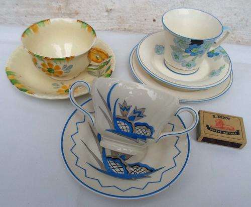 COLLECTIBLE ART DECO TEA WARES~FLOWER HANDLE, RARE DESIGNS, HAND PAINTED~ALL FOR ONE BID