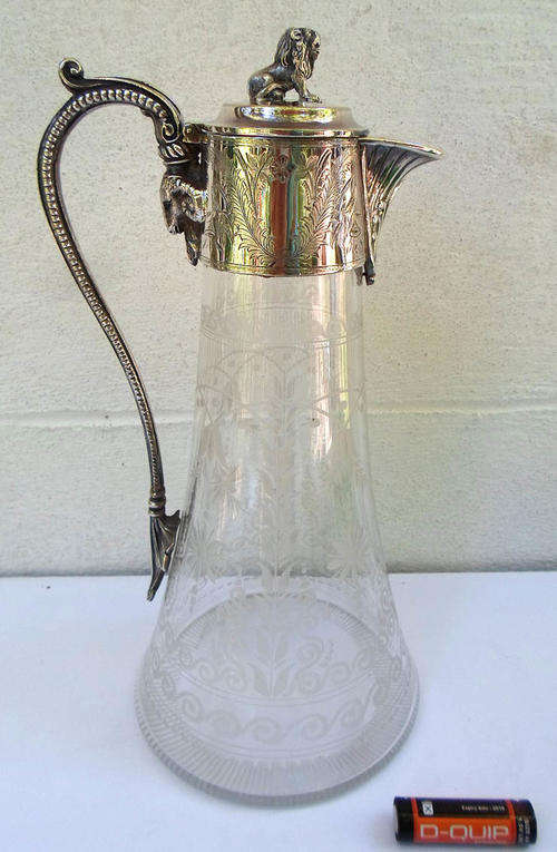VICTORIAN HAND ETCHED GLASS AND SP CLARET JUG~RAMS HEAD HANDLE, LION FINIAL~WOW!!!!