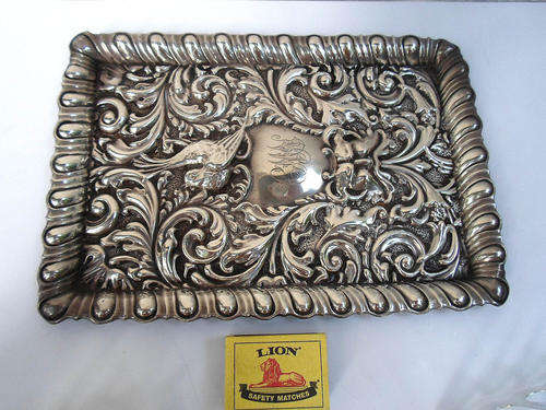 LARGE SOLID SILVER EDWARDIAN DRESING TABLE TRAY~EMBOSSED DETAIL CHESTER 1906~255 GRMS