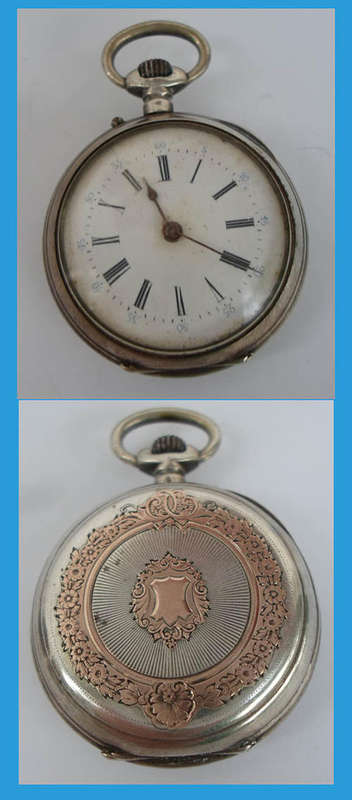 LOVELY ANTIQUE LADIES SILVER AND GOLD FRENCH FOB WATCH WITH CHAIN~REQUIRES SERVICE NR
