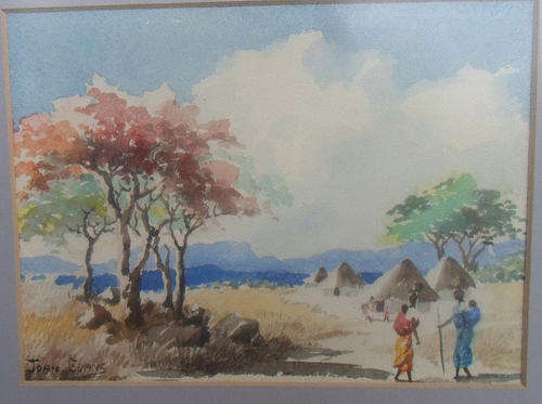 AUTHENTIC RHODESIAN ARTIST JOAN EVANS~WATERCOLOUR VILLAGE MASSASA TREES~SIGNED