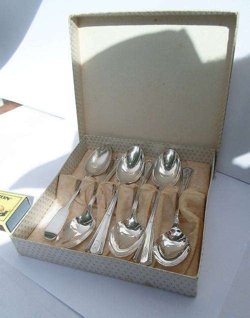 STERLING SILVER~MIXED & CASED LARGE TEA SPOON SET~4 GORHAM, 1 NEWCASTLE 1 B'HAM~113.3 GRAMS