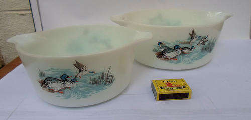 ATTRACTIVE RETRO 50S CORNINGWARE JAJ GLASS KITCHEN BOWLS~WILD DUCK TRANSFER TO SIDES