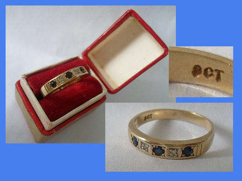 ATTRACTIVE 9CT GOLD RING SAPPHIRES AND SMALL DIAMONDS 1.8 GR