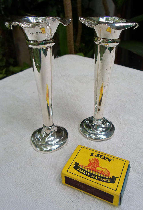MATCHING PAIR STERLING SILVER HALLMARKED TRUMPET VASES B'HAM 1904