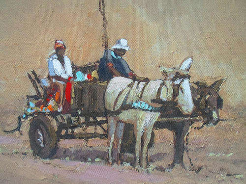 MALACHI SMITH FRAMED AND SIGNED DONKEY CART OIL PAINTING ON TEXTURED CANVAS PRINT