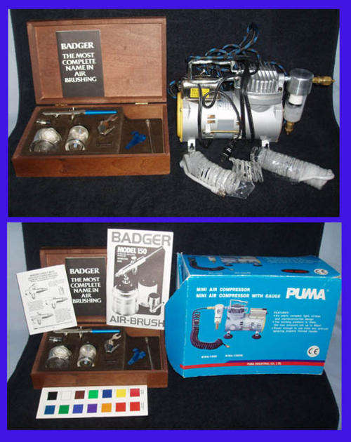 VALUABLE BADGER MODEL 150 AIR-BRUSH~PLUS PUMA MINI AIR COMPRESSOR WITH GAUGE~low start