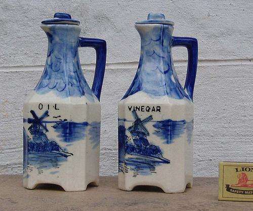 WED R1~CHARMING VINTAGE B&W~HAND-PAINTED~OIL/VIN~KITCHEN DUTCH WINDMILL SCENE LIDDED BOTTLE SET~NICE