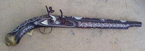 STUNNING ANTIQUE STYLE~ORNAMENTAL PISTOL~WOOD~BRASS~ORNATE INLAY~TRIGGER MOVES~POST SA R37