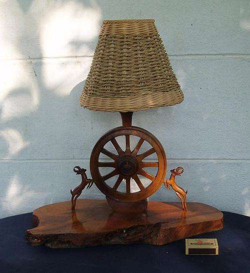 CHARMING AFRICANA TYPE LAMP~STINKWOOD BASE~WAGON WHEEL~SPRINGBOKS