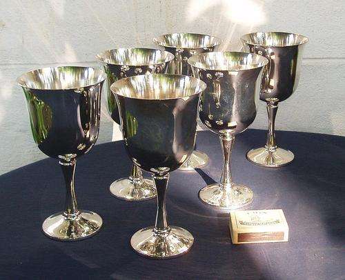 BEAUTIFUL FULL SET 6 VINTAGE SILVER PLATED WINE GOBLETS~QUALITY EM-ESS~PERFECT CONDITION