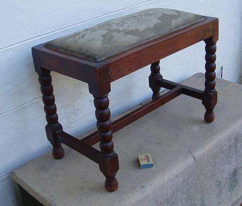 CHARMING OLD SOLID OAK/TEAK~BOBBIN LEG~OBLONG STOOL~FABRIC SEAT~AWESOME!!!