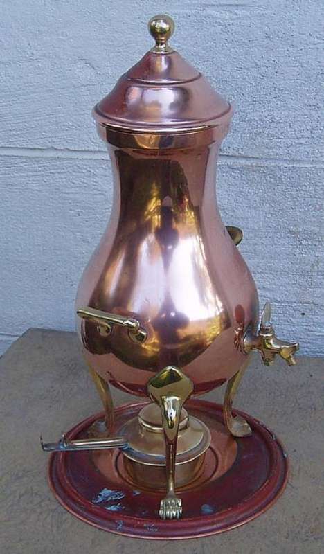 NICE VINTAGE SOLID COPPER & BRASS SAMOVAR ON TRAY~BURNER INCLUDED