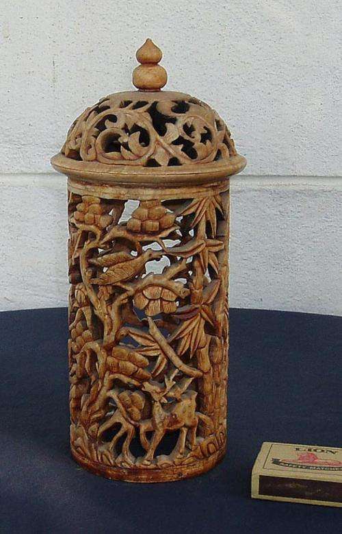 INTERESTING VINTAGE INTRICATELY CARVED~CYLINDRICAL STONE COVER~FOLIAGE ANIMALS BIRDS