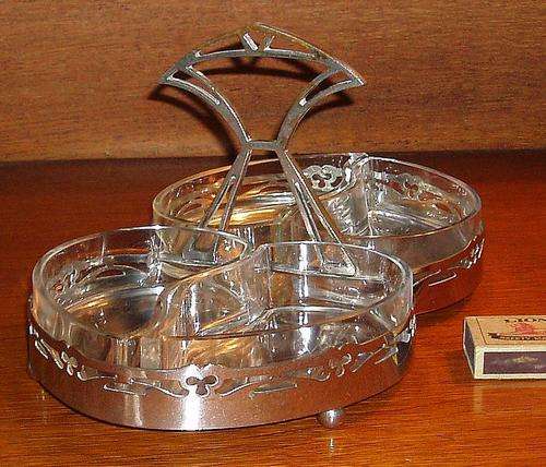 WMF STYLE~ART NOUVEAU METAL HANDLED TRAY~EYE SHAPE CUT GLASS LINERS
