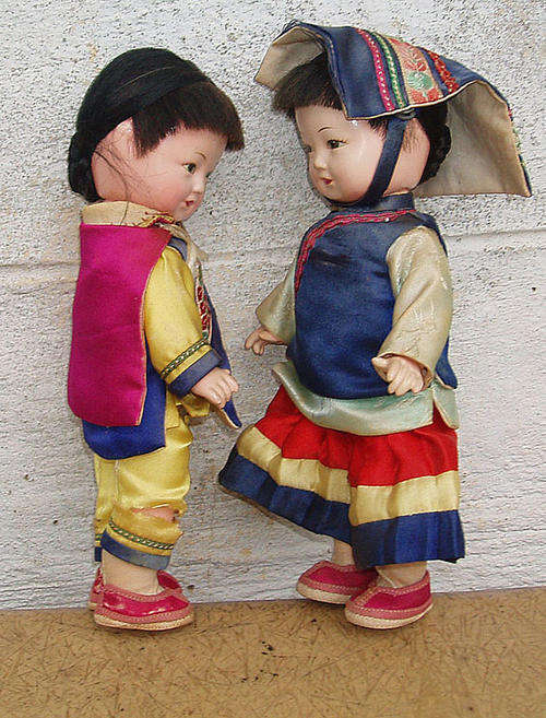 VERY OLD ORIENTAL CELLULOID TYPE CHILD BOY & GIRL DOLLS~ORIGINAL SILK CLOTHES