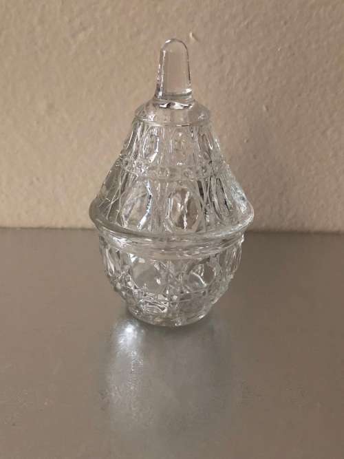 SMALL FABERGE STYLE CUT-GLASS CANDY JAR WITH LID