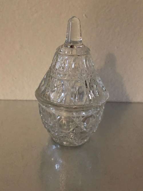 SMALL FABERGE STYLE CUT-GLASS CANDY JAR WITH LID